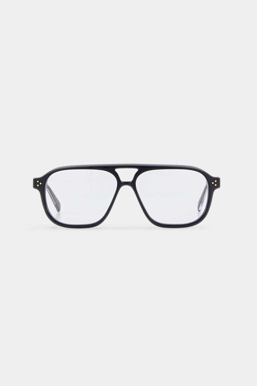 Isle of Eden Remi prescription glasses, front view showing the eco-conscious black bio-acetate aviator frame, designed for everyday vision correction