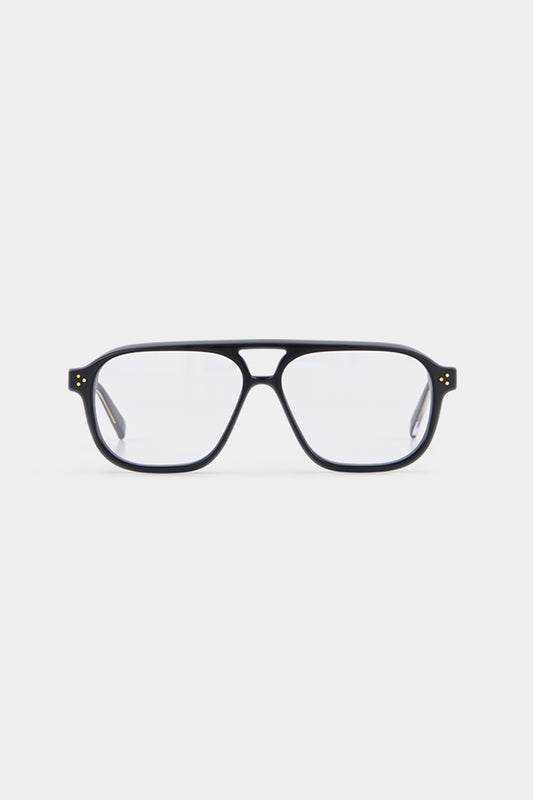 Isle of Eden Remi prescription glasses, front view showing the eco-conscious black bio-acetate aviator frame, designed for everyday vision correction