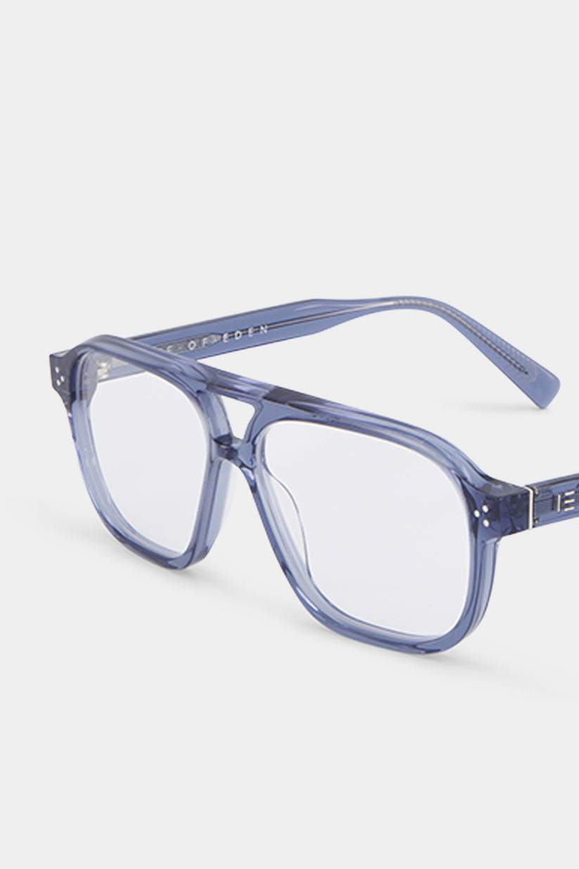 Isle of Eden Remi prescription glasses, angled front view showing the eco-conscious dusty blue bio-acetate frame and hinge detail