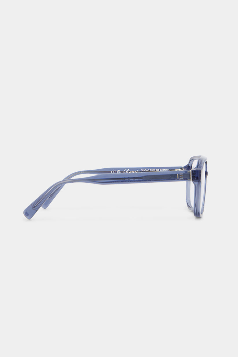 Isle of Eden Remi prescription glasses, side profile view showing the eco-conscious dusty blue bio-acetate temple arm, built for everyday vision correction