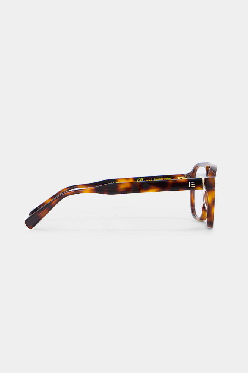 Isle of Eden Remi prescription glasses, side profile view showing the eco-conscious bio-acetate tortoiseshell temple arm, built for everyday vision correction