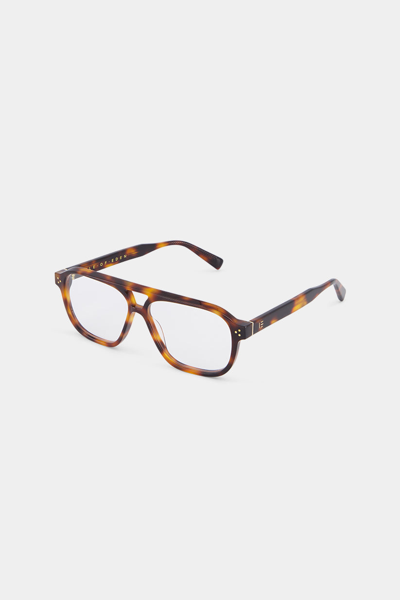 Isle of Eden Remi prescription glasses, angled side view showing the eco-conscious bio-acetate tortoiseshell frame and hinge detail