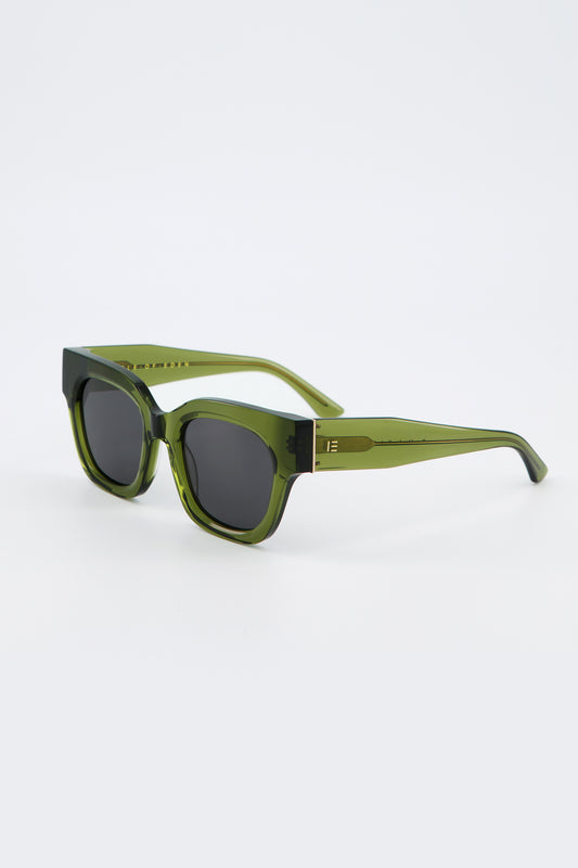 Isle of Eden Rae bottle green sunglasses, three-quarter angle showing rounded square frame