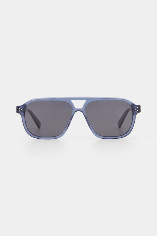 Isle of Eden Remi blue sunglasses, front view showing bio-acetate aviator frame and grey lenses