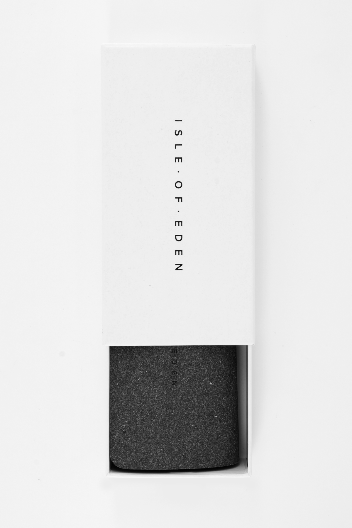 Isle of Eden Felina sunglasses case, white packaging sleeve with dark grey case