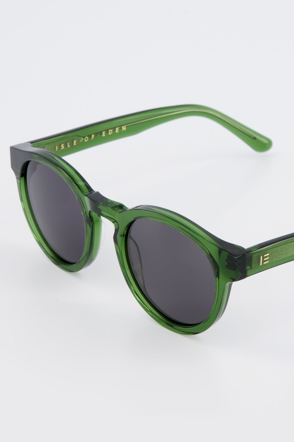 Angled top-down view of the rounded Isle of Eden Eddie Green Prescription eyeglasses.