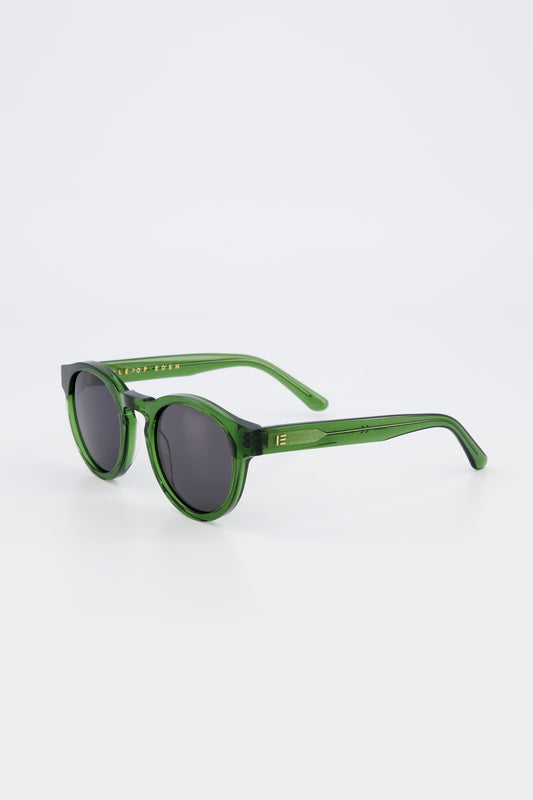 Side profile of the green Isle of Eden Eddie Prescription glasses showcasing the narrow arms and wire temple core.