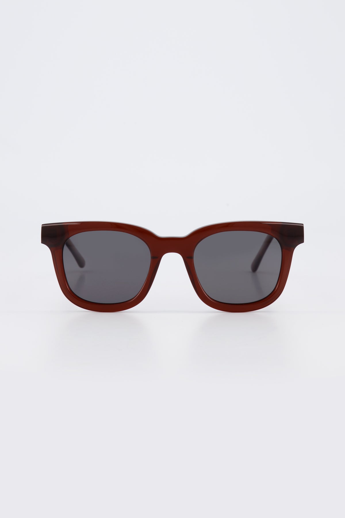 Isle of Eden Eugene brown sunglasses, front view showing flat brow square frame and dark lenses