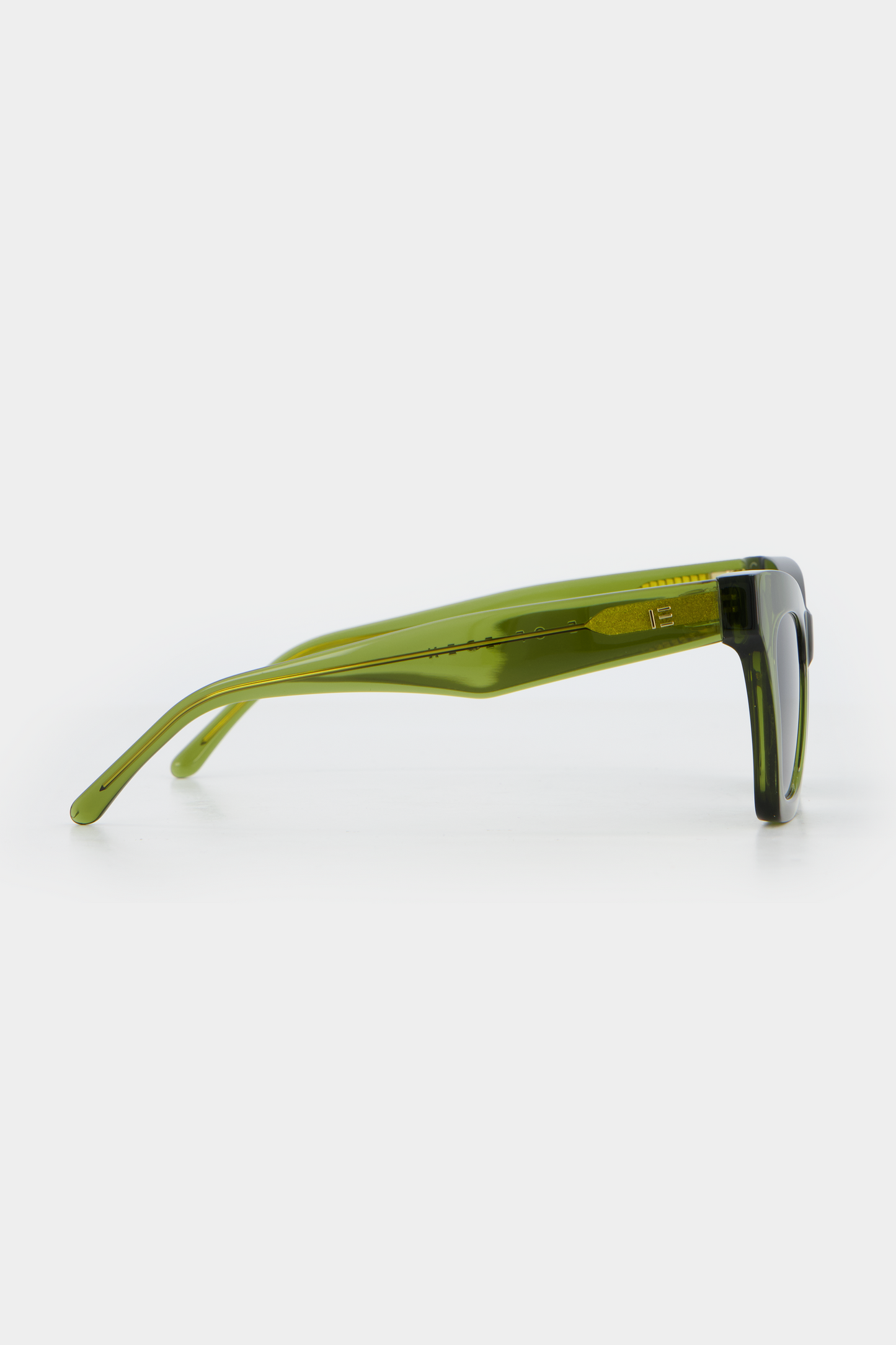 Isle of Eden Sienna bottle green sunglasses, side profile view showing temple length and hinge detail