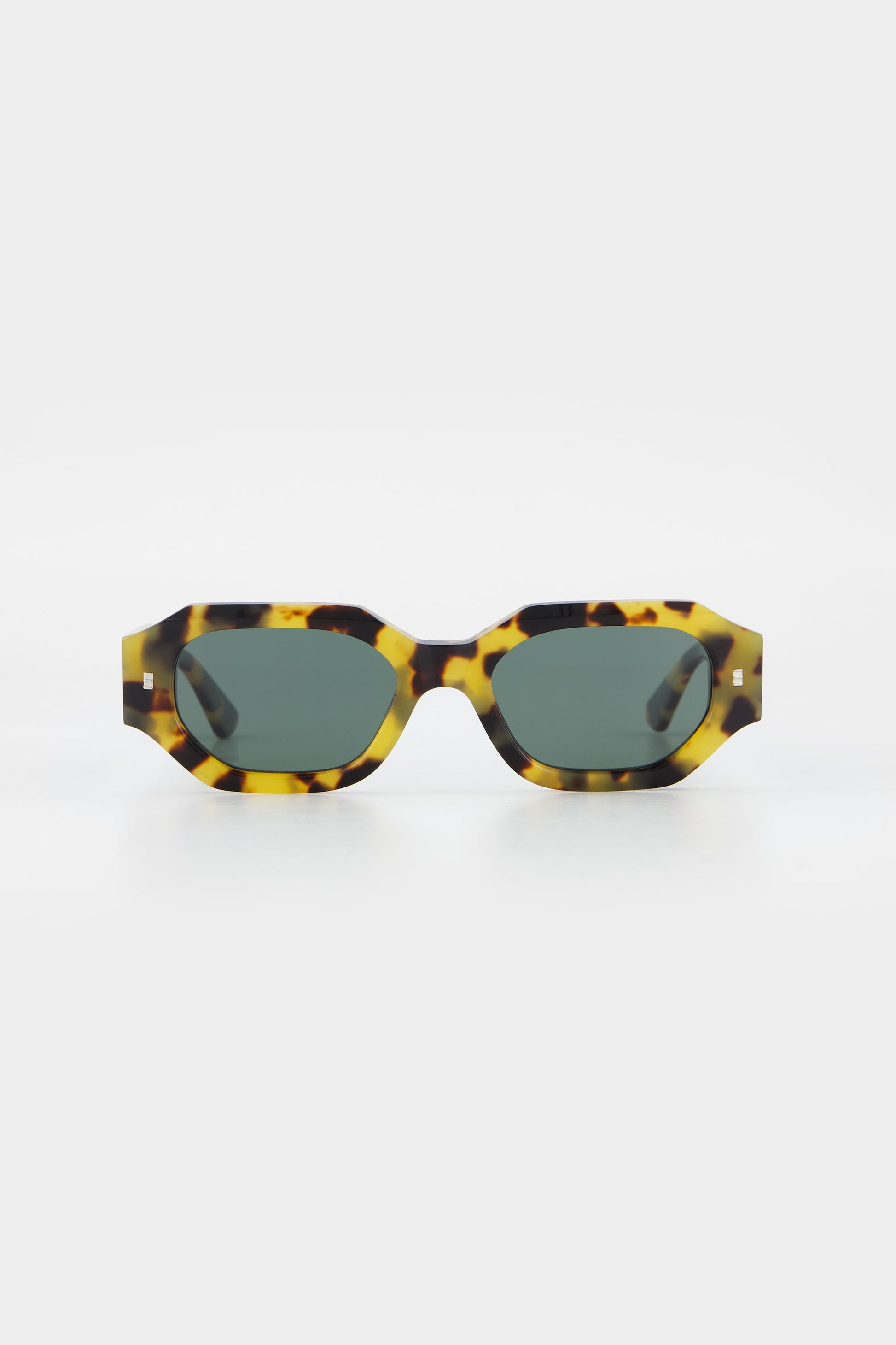Isle of Eden Blake tortoise sunglasses, front view showing hexagonal frame and green lenses